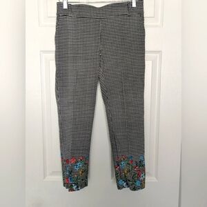 Jules & Leopold Black and White Checkered Ankle Pants with Floral Embroidery